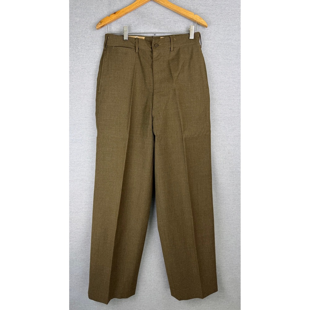 Vintage US Army Wool Serge Trousers Olive Drab Military Dress Pants 29x30 1950s